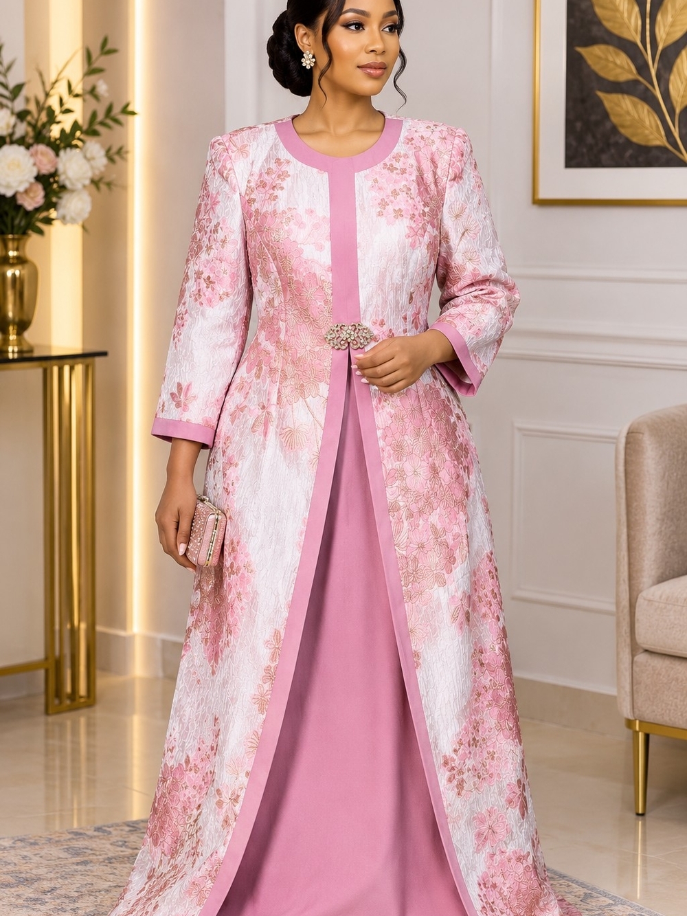 Pink Floral Long Sleeve Evening Gown with Matching Overlay